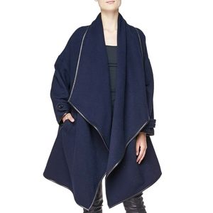 Burberry 100% Cashmere Lambskin Leather-Trim Navy Blue Wrap Coat Medium